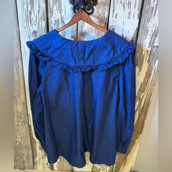Eloquii Elements NWT Chambray Long Sleeve Button Up Ruffle Collar Size 26 - Picture 9 of 10